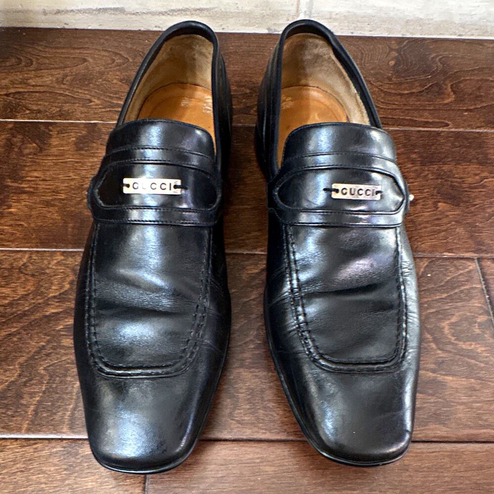 Gucci Men's Black Leather Logo Penny Loafers Square Toe Slip-On US 6.5 AU 8.5